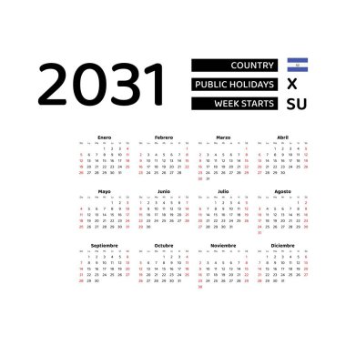 El Salvador resmi bayramlarında 2031 numaralı takvim İspanyolca. Hafta pazar günü başlıyor. Grafik tasarım vektör çizimi.