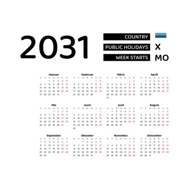 Estonya resmi tatilleri ile 2031 Estonya dili takvimi. Hafta pazartesiden itibaren başlıyor. Grafik tasarım vektör çizimi.