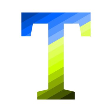 T harfi, üstten maviden başlayıp alttan sarıya ve yeşilden alta geçerek renk değişimiyle doludur. Eğim çapraz çizgilere göre düzenlenmiştir..