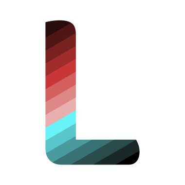 L harfi, en üstteki koyu kırmızıdan başlayıp alttaki kırmızı, pembe, yeşil ve koyu mavi tonlarına dönüşen renk eğimleriyle doludur. Eğim çapraz çizgilere göre düzenlenmiştir..