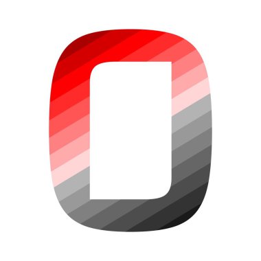 O harfi, üstten kırmızıdan başlayıp alttaki grinin tonlarına geçerek renk değişimiyle doludur. Eğim çapraz çizgilere göre düzenlenmiştir..