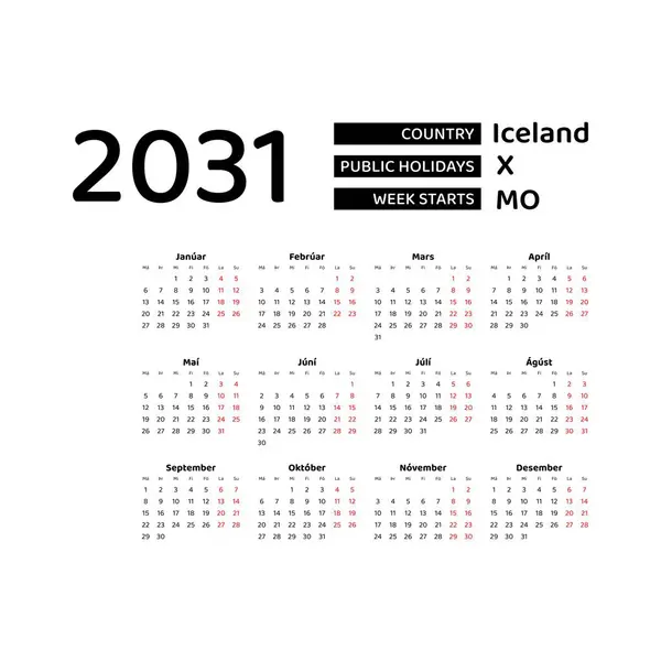 stock vector Calendar 2031 Icelandic language with Iceland public holidays. Week starts from Monday. Graphic design vector illustration.