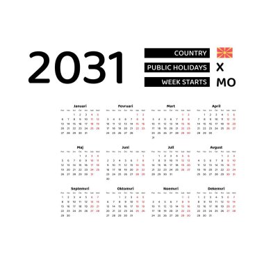 Calendar 2031 Macedonian language with Macedonia public holidays. Week starts from Monday. Graphic design vector illustration. clipart