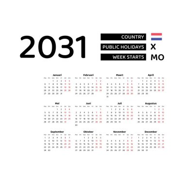 Hollanda resmi bayramları ile 2031 Hollanda dili takvimi. Hafta pazartesiden itibaren başlıyor. Grafik tasarım vektör çizimi.