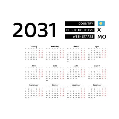 Palau resmi bayramları ile 2031 İngiliz dili takvimi. Hafta pazartesiden itibaren başlıyor. Grafik tasarım vektör çizimi.