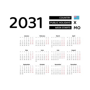 Tuvalu bayramları ile 2031 İngilizce takvimi. Hafta pazartesiden itibaren başlıyor. Grafik tasarım vektör çizimi.