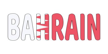 BAHRAIN kelimesi büyük ve kalın harflerle gösterilir. Harfler beyazla özetlenmiş ve Bahreyn bayrağının renkleriyle dolu: kırmızı ve beyaz..