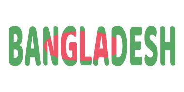 BANGLADESH kelimesi büyük ve kalın harflerle gösterilir. Harfler yeşil renkli ve yeşil arkaplanda kırmızı bir çember bulunan Bangladeş bayrağıyla dolu..