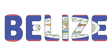 BELIZE kelimesi büyük ve kalın harflerle gösterilir. Harfler maviyle çizilmiş ve Belize bayrağı, maun ağacı, gemi ve güneş ile kaplanmış arma görüntüsüyle dolu..