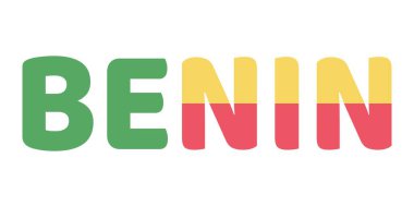 BENIN kelimesi büyük ve kalın harflerle gösterilir. Harfler Benin bayrağının renkleriyle renklendirilmiş: yeşil, sarı ve kırmızı. Renkler yatay olarak düzenlenmiştir..