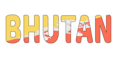 BHUTAN kelimesi büyük ve kalın harflerle gösterilir. Harfler Bhutan bayrağının renkleriyle renklendirilmiş: turuncu ve sarı..