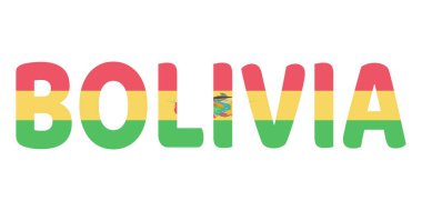 BOLIVIA kelimesi büyük ve kalın harflerle gösterilir. Harfler Bolivya bayrağının renkleriyle renklendirilmiş: kırmızı, sarı ve yeşil..