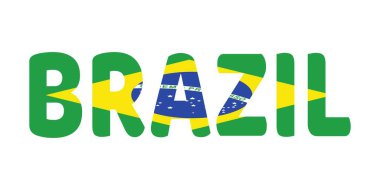 The word BRAZIL is displayed in large, bold letters. The letters are colored with the colors of the Brazilian flag: green, yellow, blue, and white.