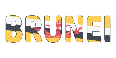 BRUNEI kelimesi büyük ve kalın harflerle gösterilir. Harfler siyah ve Bruneian bayrağının renkleriyle özetlenmiş: sarı, beyaz, siyah ve kırmızı..