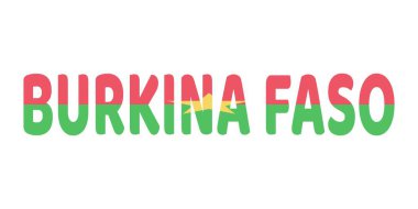 BURKINA FASO kelimeleri büyük ve kalın harflerle gösterilir. Harfler Burkinabe bayrağının renkleriyle renklendirilmiş: kırmızı, sarı ve yeşil..