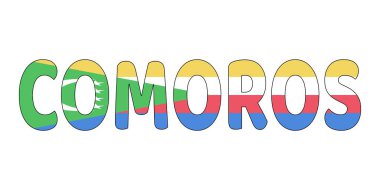 COMOROS kelimesi büyük ve kalın harflerle gösterilir. Harfler Komoros bayrağının renkleriyle renklendirilmiştir: yeşil, beyaz, sarı, mavi ve kırmızı. Hilal ay ve yıldızlarla.