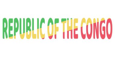 Kongo 'nun REPUBLIC kelimeleri büyük, kalın harflerle gösterilir. Harfler Kongo bayrağının renkleriyle renklendirilmiş: yeşil, sarı ve kırmızı..