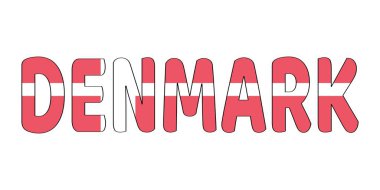 DENMARK kelimesi büyük ve kalın harflerle gösterilir. Her harf Danimarka bayrağının renkleriyle dolu..