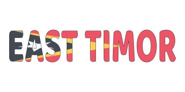 Ülkenin adı Doğu TiMOR kalın ve renkli harflerle sergilenmektedir. Her harf Doğu Timor bayrağının renkleri ve sembolleriyle dolu..