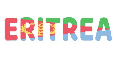 Ülke adı ERITREA büyük ve kalın harflerle sergilenmektedir. Her harf Eritre bayrağının renkleriyle dolu..