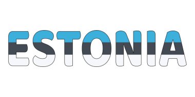 Ülke adı ESTONIA geniş ve kalın harflerle sergilenmektedir. Her harf Estonya bayrağının renkleriyle dolu..