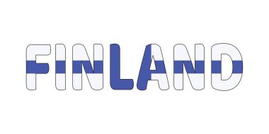 FINLAND adı büyük ve kalın harflerle sergilenmektedir. Her mektup Fin bayrağının renkleriyle doludur..