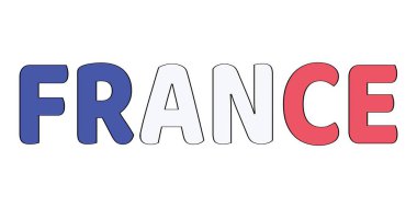 Ülke adı FRANCE büyük ve kalın harflerle sergilenmektedir. Her harf Fransız bayrağının renkleriyle dolu..