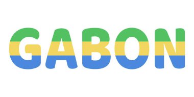 Gabon ülkesinin adı büyük, kalın harflerle sergileniyor. Her harf Gabon bayrağının renkleriyle dolu..