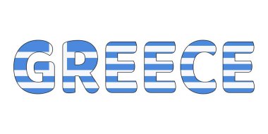 Ülke adı GREECE büyük ve kalın harflerle sergilenmektedir. Her harf Yunan bayrağının renkleri ve sembolleriyle dolu..