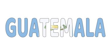 Guatemala adı büyük ve kalın harflerle sergilenmektedir. Her harf Guatemala bayrağının renkleri ve sembolleriyle dolu..