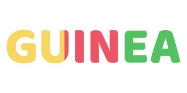 Guinea adı büyük ve kalın harflerle sergilenmektedir. Her harf Gine bayrağının renkleri ve sembolleriyle dolu..