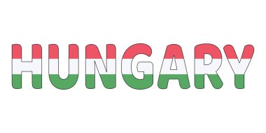 HUNGARY adı büyük ve kalın harflerle sergilenmektedir. Her harf Macar bayrağının renkleri ve sembolleriyle dolu..