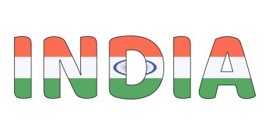 Ülke adı INDIA geniş ve kalın harflerle sergilenmektedir. Her harf Hint bayrağının renkleri ve sembolleriyle dolu..