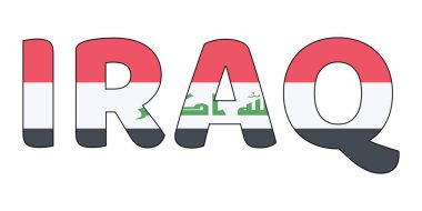 IRAQ adı büyük, kalın harflerle sergilenmektedir. Her mektup Irak bayrağının renkleri ve sembolleriyle dolu..