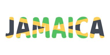 Ülke adı JAMAICA geniş ve kalın harflerle sergilenmektedir. Her harf Jamaika bayrağının renkleri ve sembolleriyle dolu..