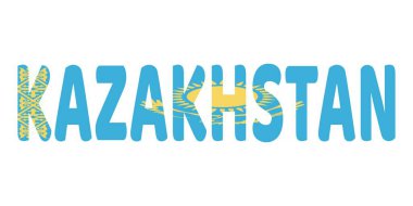 Ülke adı KAZAKHSTAN büyük ve kalın harflerle sergilenmektedir. Her harf Kazakistan bayrağının renkleri ve sembolleriyle dolu..