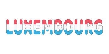 Ülke adı LUXEMBOURG geniş ve kalın harflerle sergilenmektedir. Her harf Lüksemburg bayrağının renkleri ve sembolleriyle dolu..