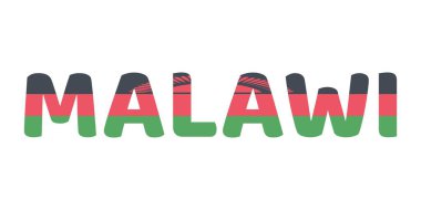 MALAWI adı büyük ve kalın harflerle sergilenmektedir. Her harf Malawian bayrağının renkleri ve sembolleriyle dolu..