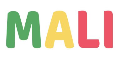 MALI adı büyük ve kalın harflerle sergilenmektedir. Her harf Mali bayrağının renkleri ve sembolleriyle dolu..