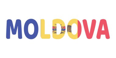 Ülke adı MOLDOVA geniş ve kalın harflerle sergilenmektedir. Her harf Moldova bayrağının renkleri ve sembolleriyle dolu.