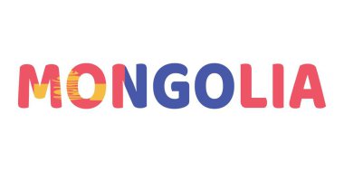 Mongollia adı büyük ve kalın harflerle sergilenmektedir. Her harf Moğol bayrağının renkleri ve sembolleriyle dolu..