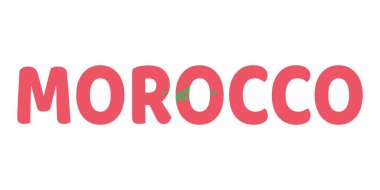 MoroCCO adı büyük ve kalın harflerle sergilenmektedir. Her harf Fas bayrağının renkleri ve sembolleriyle dolu..