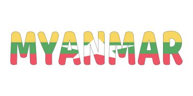 MYANMAR adı büyük ve kalın harflerle sergilenmektedir. Her harf Myanmar bayrağının renkleri ve sembolleriyle dolu..