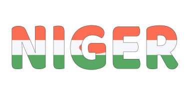 Ülke adı NIGER büyük, kalın harflerle sergilenmektedir. Her harf Nijerya bayrağının renkleri ve sembolleriyle dolu..