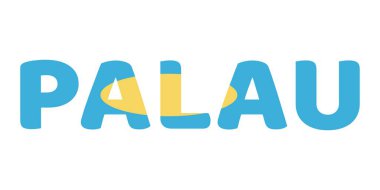 PALAU adı büyük ve kalın harflerle sergilenmektedir. Her harf Palauan bayrağının renkleri ve sembolleriyle dolu..