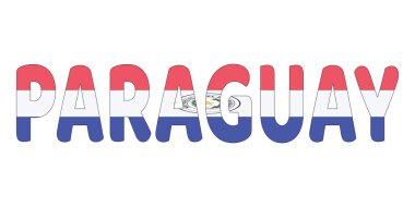 Ülke adı PARAGUAY büyük ve kalın harflerle gösterilmektedir. Her harf Paraguay bayrağının renkleri ve sembolleriyle dolu..
