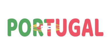 Ülke adı PORTUGAL büyük, kalın harflerle sergilenmektedir. Her harf Portekiz bayrağının renkleri ve sembolleriyle dolu..