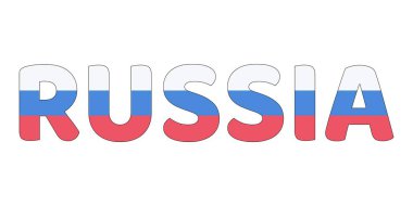 Ülke adı RUSSIA büyük ve kalın harflerle sergilenmektedir. Her harf Rus bayrağının renkleri ve sembolleriyle dolu..
