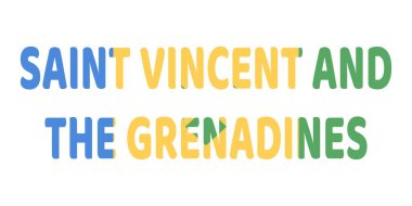 Saint VINCENT VE The GRENADINES adı büyük ve kalın harflerle sergilenmektedir. Her mektup Saint Vincent ve Grenadine bayrağının renkleri ve sembolleriyle dolu..