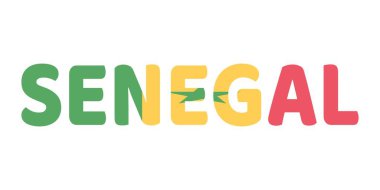 SENEGAL adı büyük ve kalın harflerle sergilenmektedir. Her harf Senegal bayrağının renkleri ve sembolleriyle dolu..